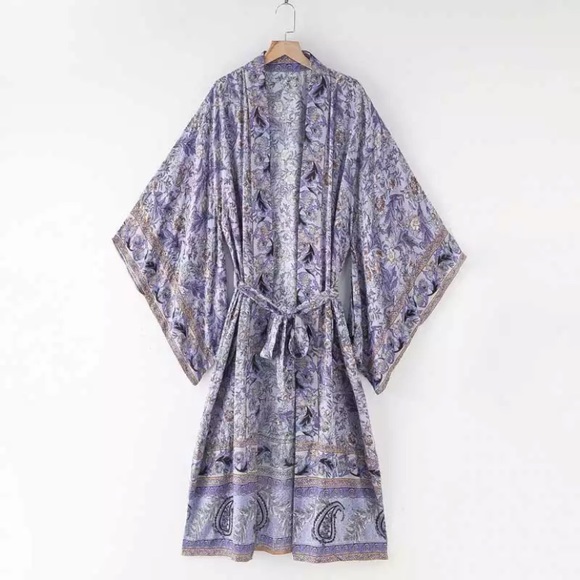 Lavender Floral & Paisley Print Kimono Bohemian Duster Wrap Coverup Top Casual - Picture 2 of 2